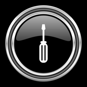tool silver chrome metallic round web icon on black background