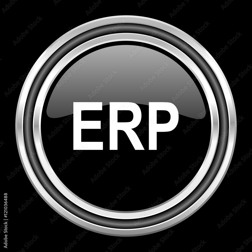 Poster erp silver chrome metallic round web icon on black background
