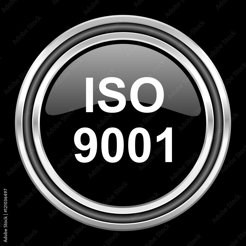 Poster iso 9001 silver chrome metallic round web icon on black background