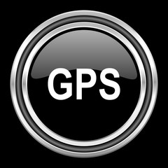 gps silver chrome metallic round web icon on black background