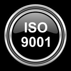 iso 9001 silver chrome metallic round web icon on black background