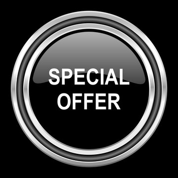 special offer silver chrome metallic round web icon on black background
