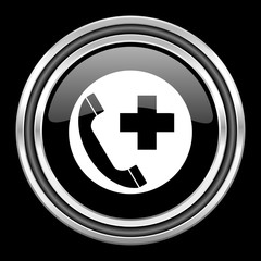 emergency call silver chrome metallic round web icon on black background
