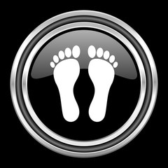 foot silver chrome metallic round web icon on black background