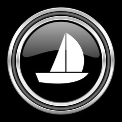 yacht silver chrome metallic round web icon on black background