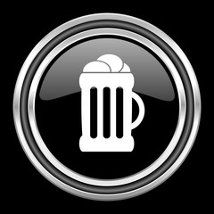 beer silver chrome metallic round web icon on black background