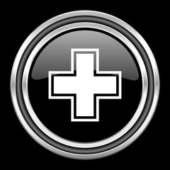 pharmacy silver chrome metallic round web icon on black background