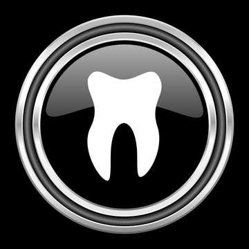 tooth silver chrome metallic round web icon on black background