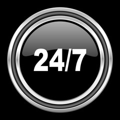 24/7 silver chrome metallic round web icon on black background