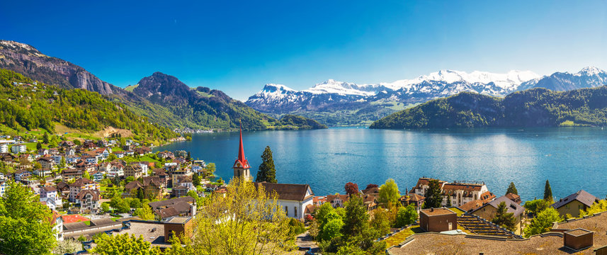 Panorama image of village Weggis on lake Lucerne