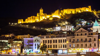 Aerial night view of Old Tbilisi, Georgia with Illuminated churc