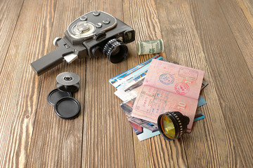 Vintag film camera on a background of wood