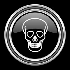 skull silver chrome metallic round web icon on black background