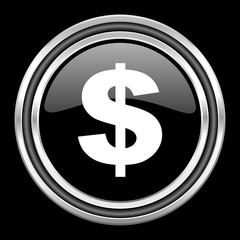 dollar silver chrome metallic round web icon on black background