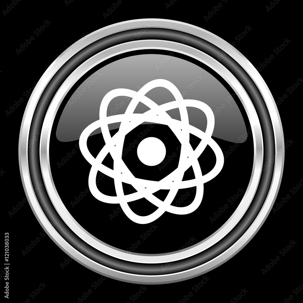 Poster atom silver chrome metallic round web icon on black background