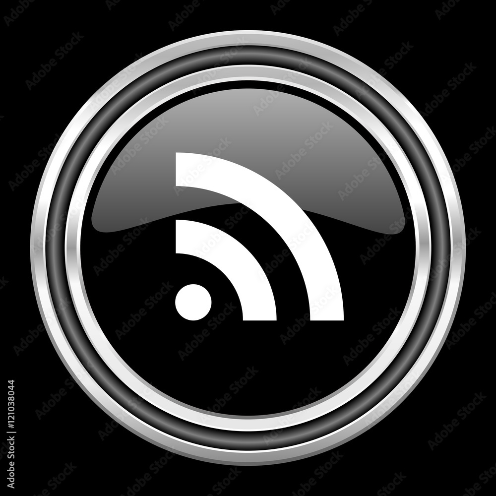 Poster rss silver chrome metallic round web icon on black background