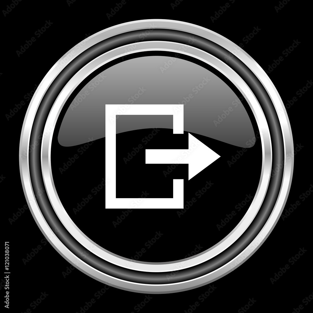 Poster exit silver chrome metallic round web icon on black background