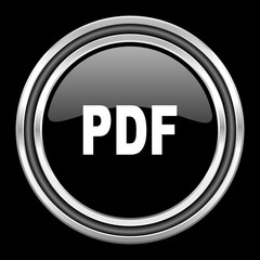 pdf silver chrome metallic round web icon on black background