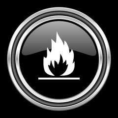 flame silver chrome metallic round web icon on black background