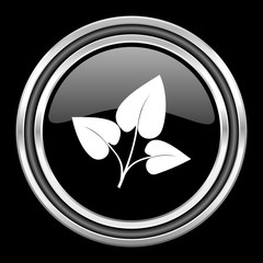 leaf silver chrome metallic round web icon on black background