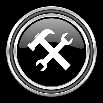 tool silver chrome metallic round web icon on black background
