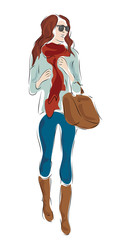 Fashion Design Sketch of a Woman with Glasses and Boots