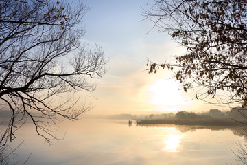 Mist morning at the lake. Autumn