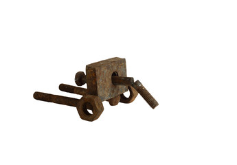 Cannon assembled from rusted bolts and nuts. Isolation on a white background without shadows.