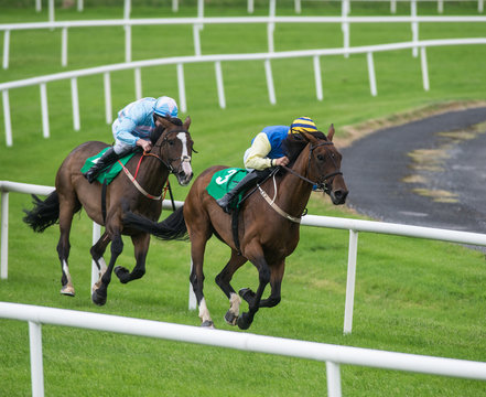 Two jockeys and race horses competing on the track 
