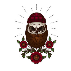 Tattoo skull man. Vector print in hipster style. Vector skull with beard and flowers.