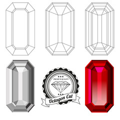 Set of octagon cut jewel views isolated on white background - top view, bottom view, realistic ruby, realistic diamond and badge. Can be used as part of logo, icon, web decor or other design.