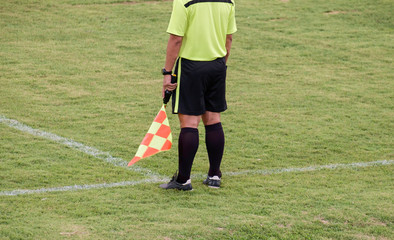 Lineman / Lineman, assistant referee of football with flag on sideline.