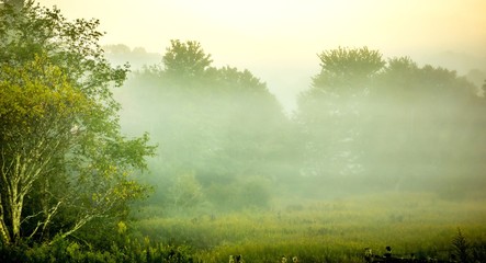 Fototapeta na wymiar fog rolling through blue ridge parkway farm lands