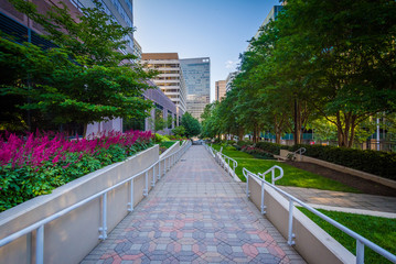 Gardens along a walkway at Freedom Park and modern buildings in