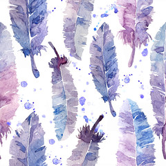 Watercolor feathers and blot seamless pattern.