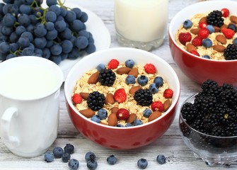 Oatmeal  breakfast, wild strawberries, blueberries, blackberries, grapes,almonds