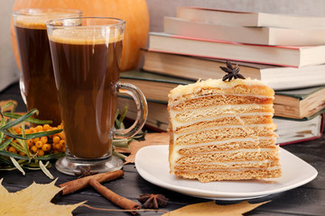 Breakfast, chicory, coffee and cake. Concept warm autumn, sweet home.