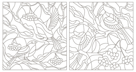 Set contour illustration of stained glass with winter birds bullfinches and cardinals on branches of a mountain ash