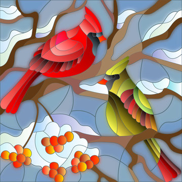 Illustration in stained glass style , pair of birds cardinals sitting on a branch of mountain ash on a background of sky and no snow