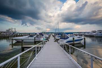 Fototapeta premium Pier and boats on the Potomac River waterfront, in Alexandria, V