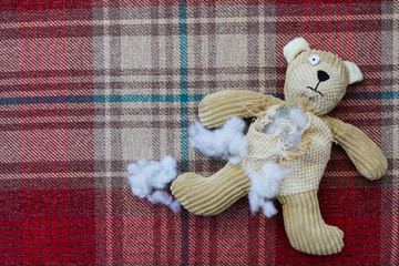 A sad, abandoned teddy bear with stuffing and filling falling from his ripped and torn, damaged...