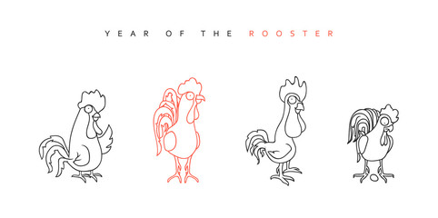 Rooster. Chinese New Year Symbol 2017. Funny rooster and hen in doodle style for calendars and greeting cards. Character cock set. Outline drawing. Vector illustration.