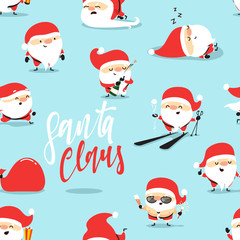 Fototapeta premium Santa Claus of Christmas seamless pattern, blue background.
