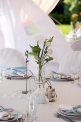 wedding decoration in white blue in a nautical theme. Close