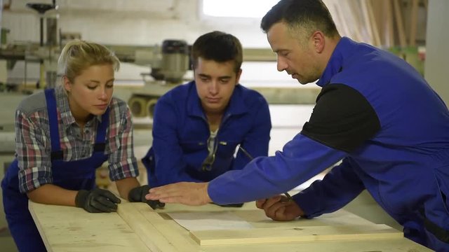 Students in woodwork training course with professional