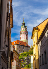 Fototapeta premium Aerial view of castle and houses in Cesky Krumlov, Czech republic. UNESCO World Heritage Site.