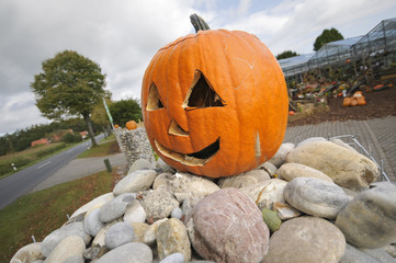 Ausgehöhlter Kürbis mit geschnittenem Gesicht zum Halloween-Fest auf einem Steinhaufen in...
