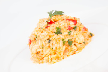 Risotto with chicken, tomatoes, bell pepper, onion and garlic on a white plate decorated with parsley 