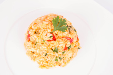 Risotto with chicken, tomatoes, bell pepper, onion and garlic on a white plate decorated with parsley 