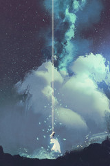 Fototapeta premium woman on a swing under night sky with stars and clouds,illustration painting